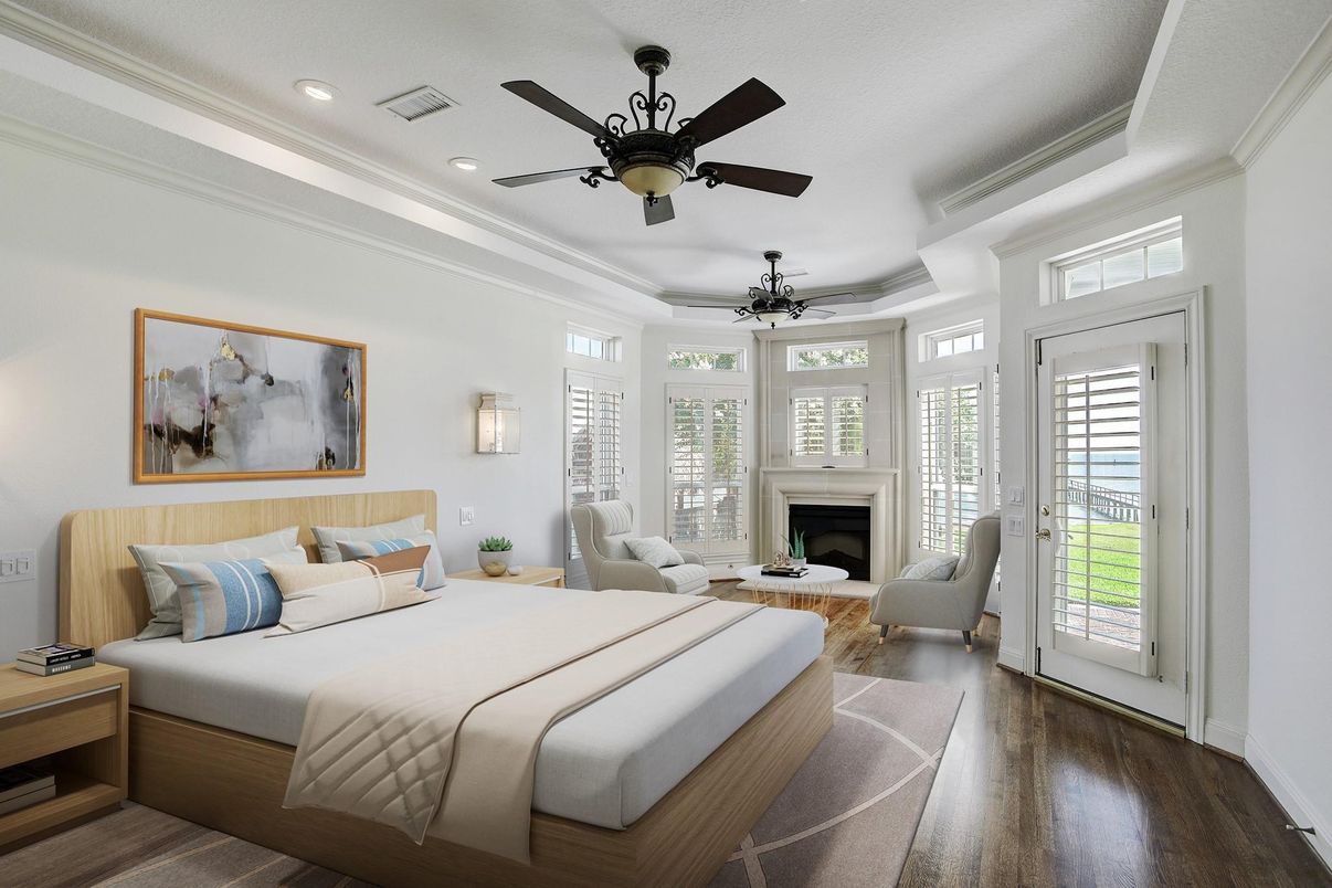 Bedroom, Fireplace, Interior, Recessed Lighting, Wood Texture Flooring