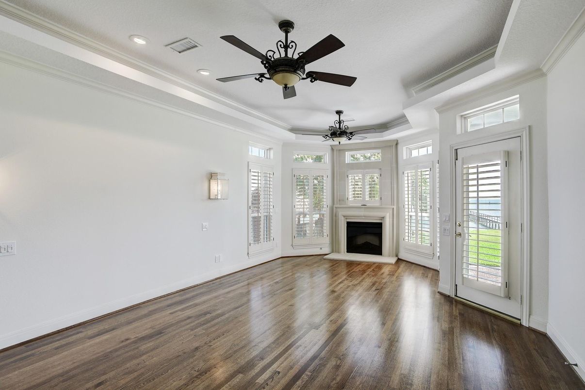 Empty room, Fireplace, Interior, Recessed Lighting, Wood Texture Flooring