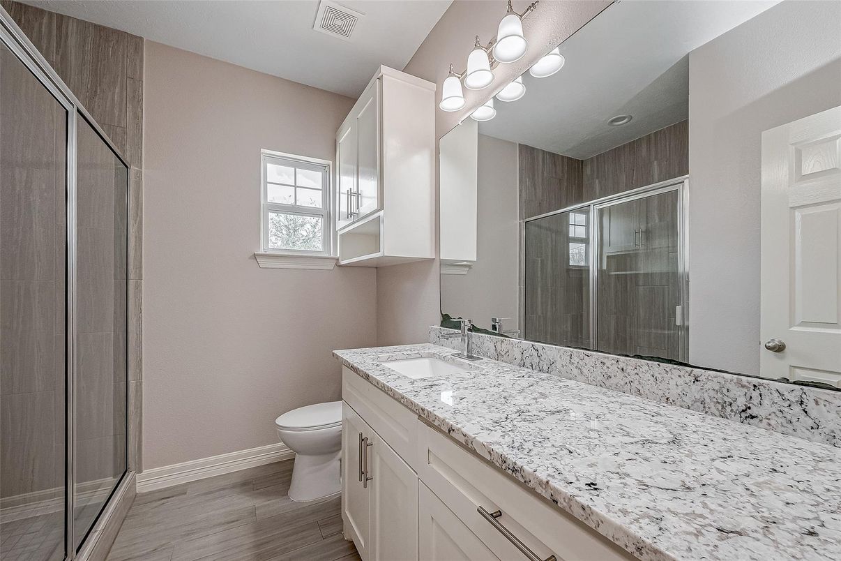 Bathroom, Glass Shower, Interior, Wood Texture Flooring