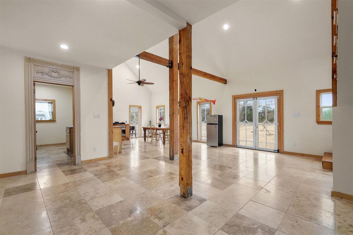 Dining room, Interior, Recessed Lighting, Wooden Beams
