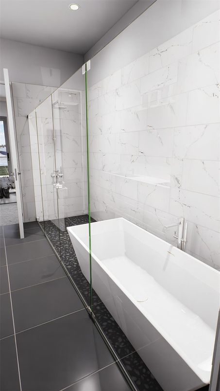 Bathroom, Glass Shower, Interior, Marble Walls, Recessed Lighting
