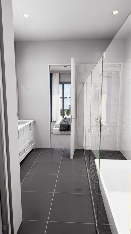 Bathroom, Glass Shower, Interior, Marble Walls, Recessed Lighting