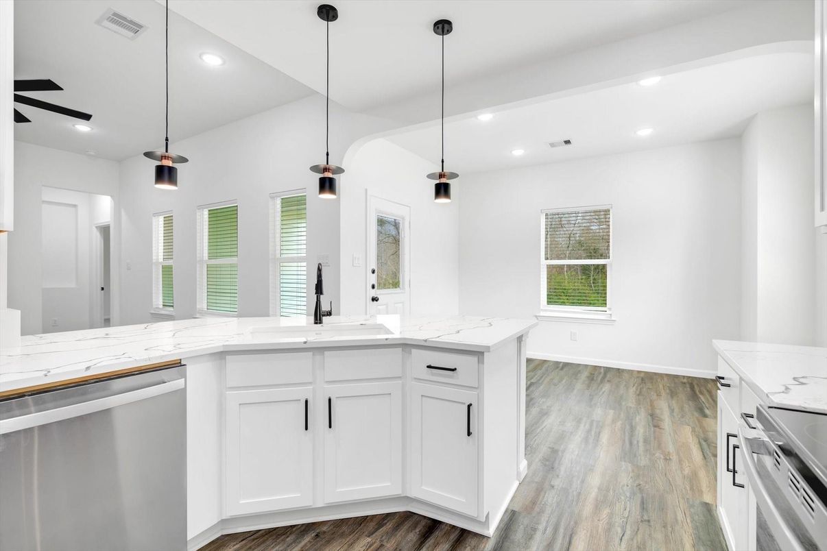 Interior, Kitchen, Pendant Lights, Recessed Lighting, Stainless Steel Appliances, Wood Texture Flooring