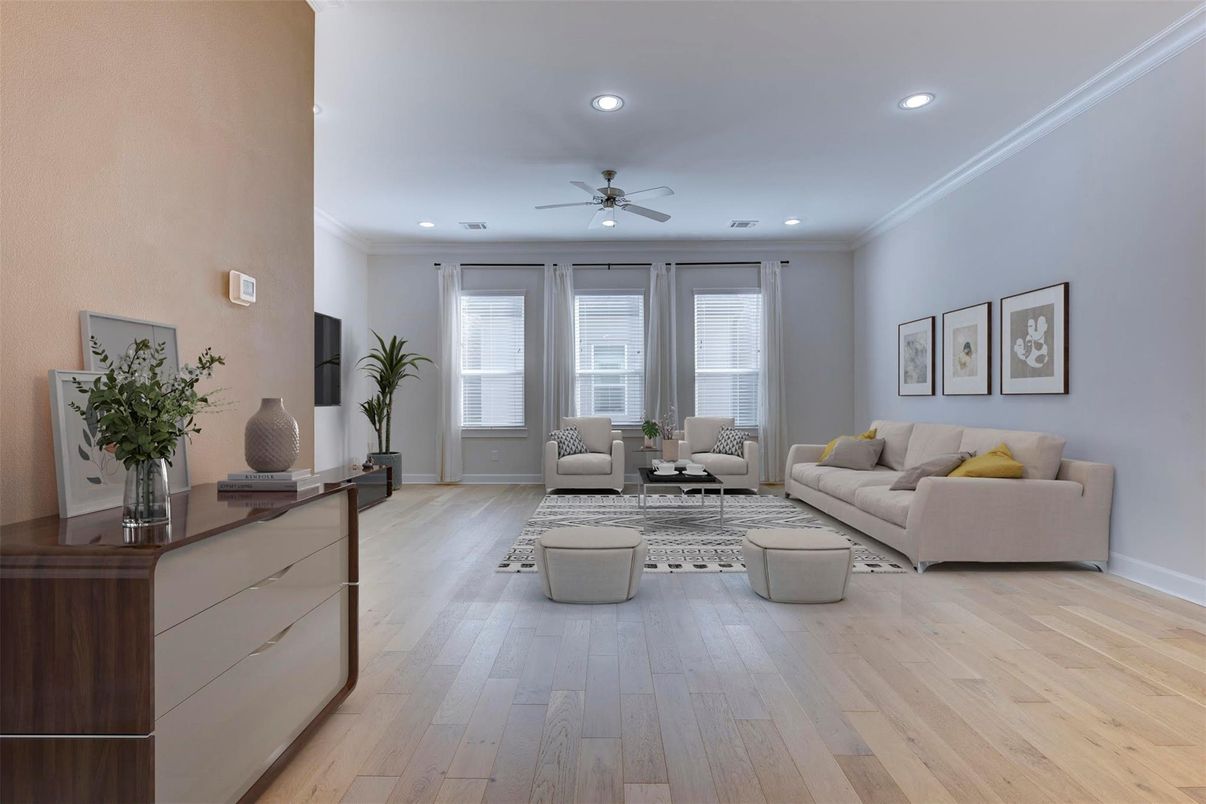 Interior, Living room, Recessed Lighting, Wood Texture Flooring