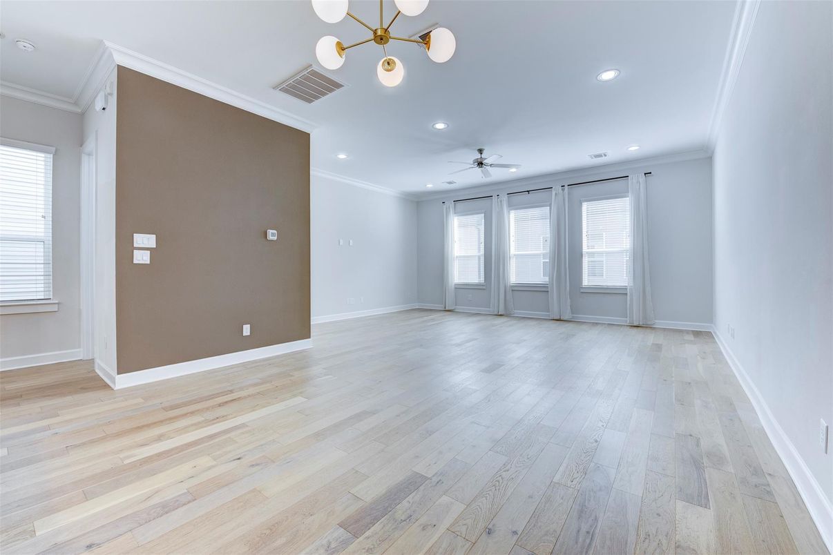 Empty room, Interior, Pendant Lights, Recessed Lighting, Wood Texture Flooring