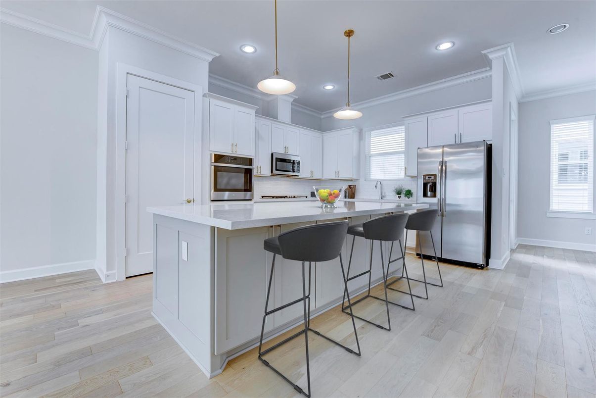 Interior, Kitchen, Pendant Lights, Recessed Lighting, Stainless Steel Appliances, Wood Texture Flooring