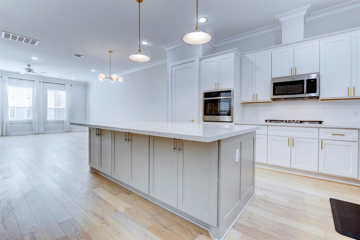 Interior, Kitchen, Pendant Lights, Recessed Lighting, Stainless Steel Appliances, Wood Texture Flooring