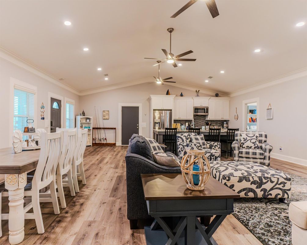 Dining room, Interior, Kitchen, Living room, Recessed Lighting, Stainless Steel Appliances, Wood Texture Flooring