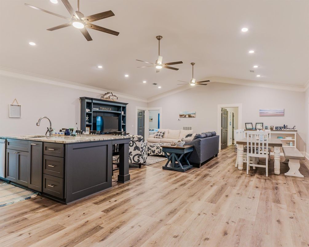 Dining room, Interior, Kitchen, Living room, Recessed Lighting, Wood Texture Flooring