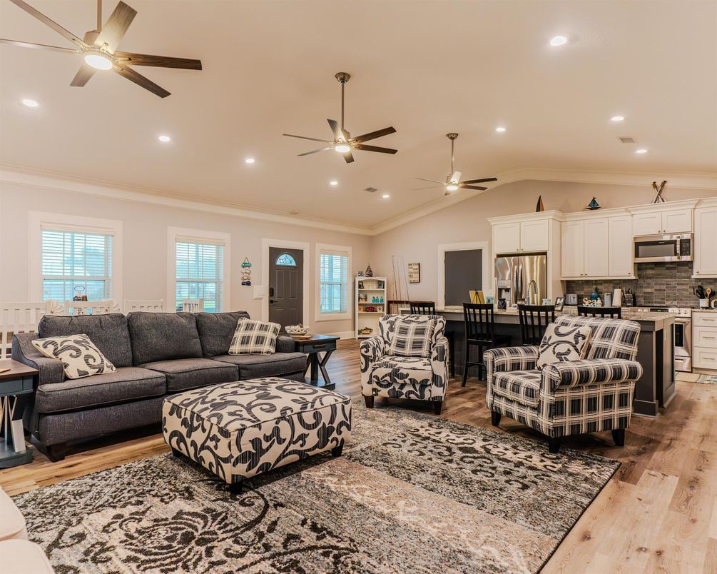 Dining room, Interior, Kitchen, Living room, Recessed Lighting, Stainless Steel Appliances, Wood Texture Flooring