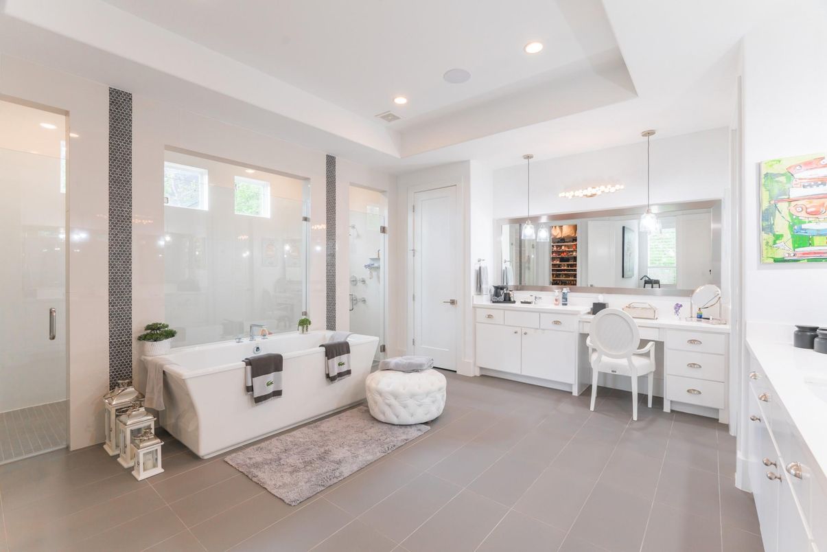 Bathroom, Dual Sink Vanities, Free Standing Baths, Glass Shower, Interior, Pendant Lights, Recessed Lighting