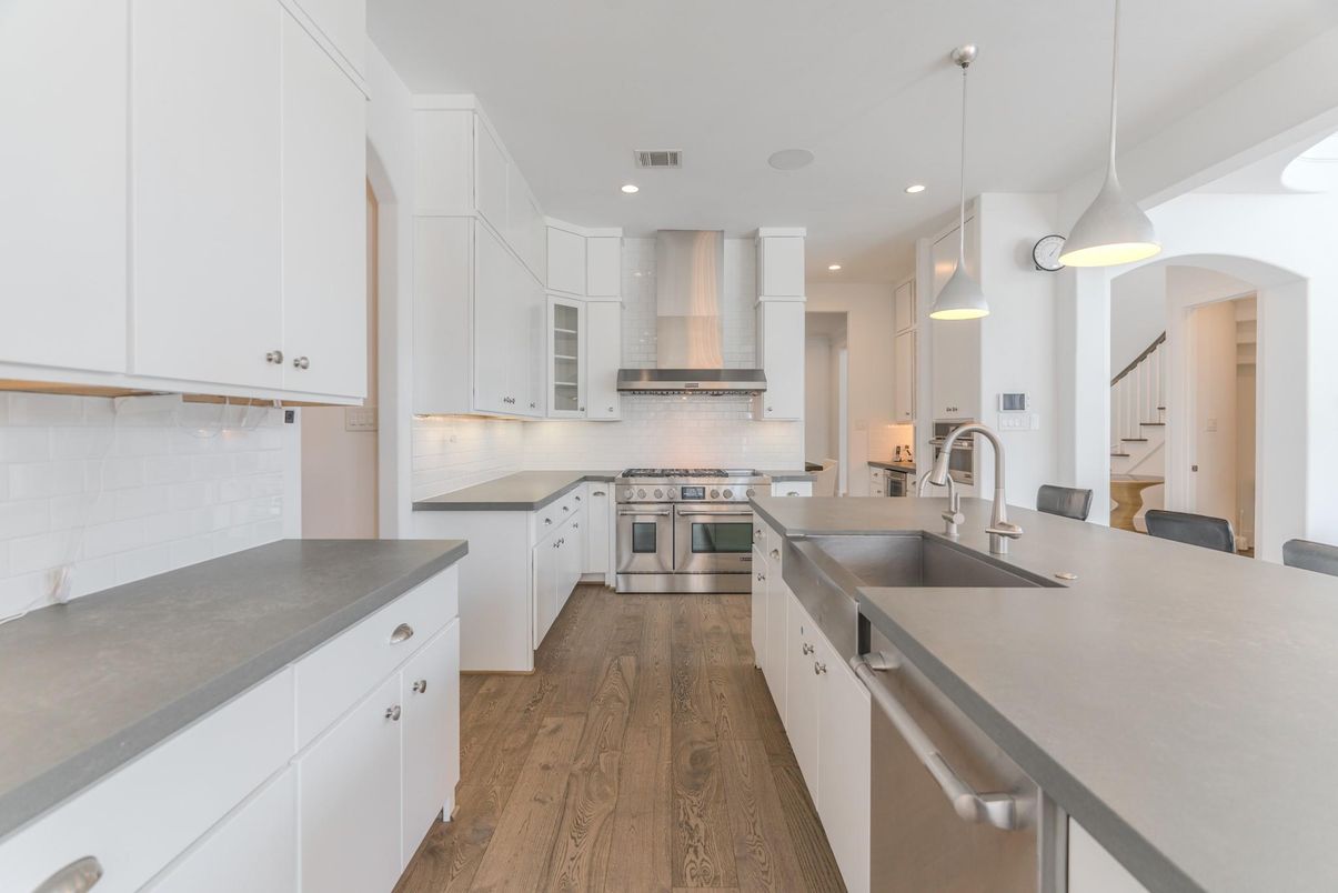 Interior, Kitchen, Pendant Lights, Recessed Lighting, Stainless Steel Appliances, Wood Texture Flooring