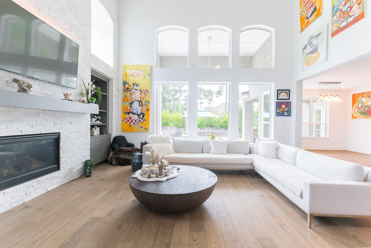 Fireplace, Interior, Living room, Pendant Lights, Wood Texture Flooring