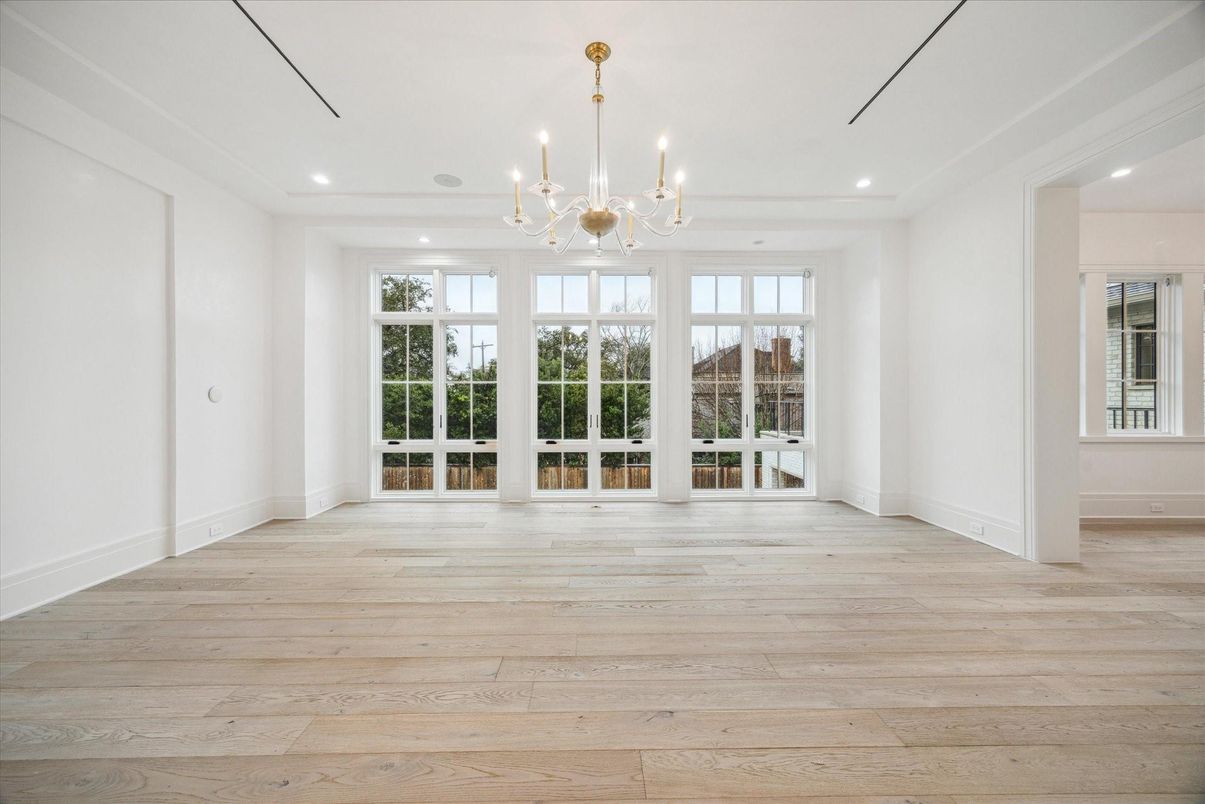 Chandelier, Empty room, Interior, Recessed Lighting, Wood Texture Flooring
