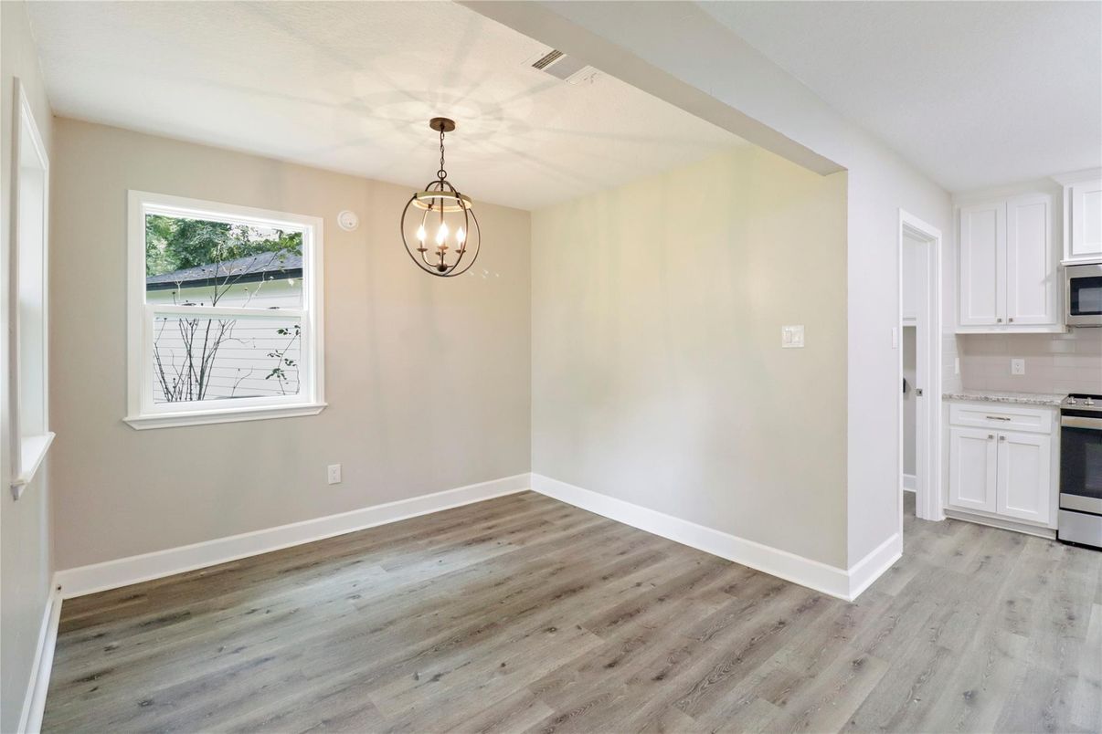 Empty room, Interior, Kitchen, Pendant Lights, Wood Texture Flooring