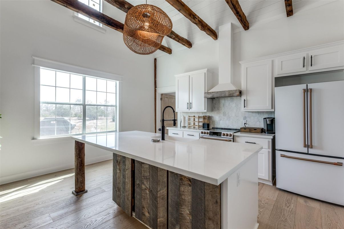 Interior, Kitchen, Pendant Lights, Wooden Beams, Wood Texture Flooring