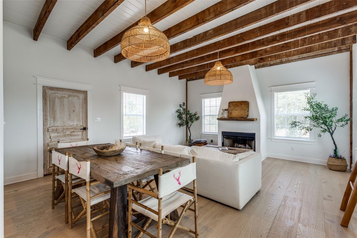 Dining room, Fireplace, Interior, Pendant Lights, Wooden Beams, Wood Texture Flooring