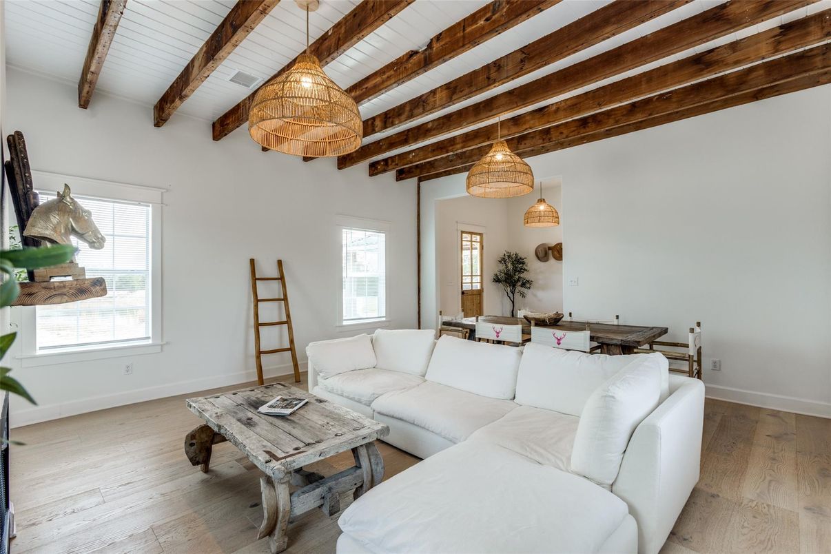 Dining room, Interior, Living room, Pendant Lights, Wooden Beams, Wood Texture Flooring