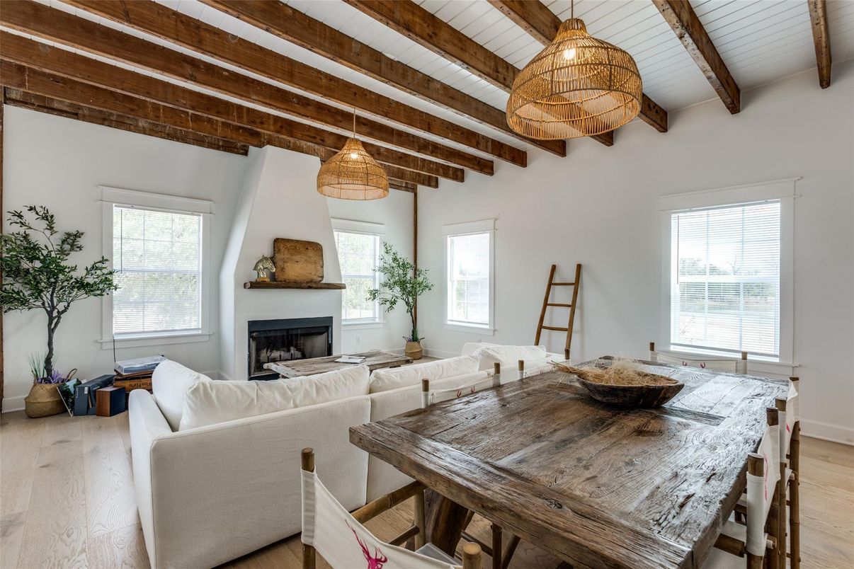 Dining room, Fireplace, Interior, Living room, Pendant Lights, Wooden Beams, Wood Texture Flooring