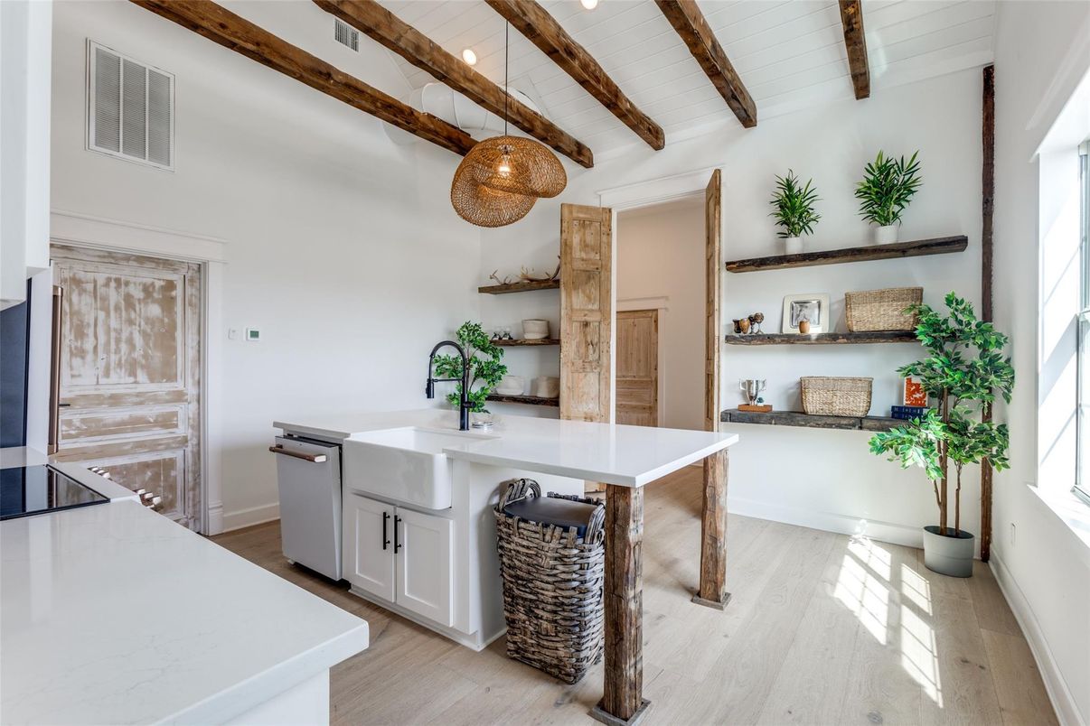 Interior, Kitchen, Pendant Lights, Wooden Beams, Wood Texture Flooring