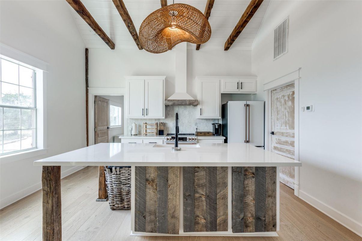 Interior, Kitchen, Pendant Lights, Wooden Beams, Wood Texture Flooring