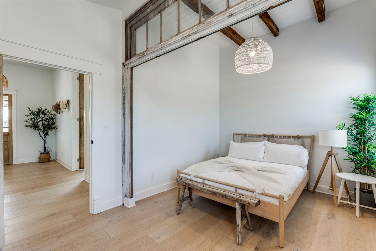 Bedroom, Interior, Pendant Lights, Wooden Beams, Wood Texture Flooring