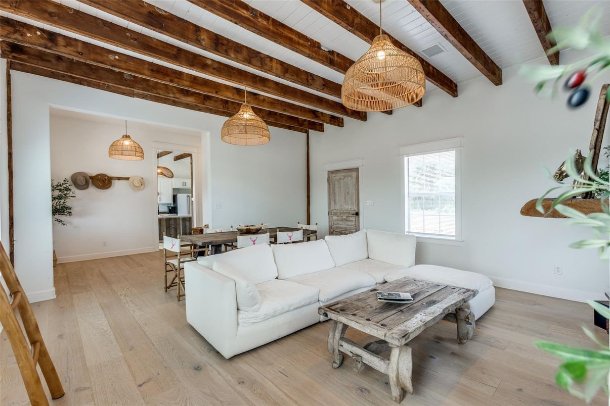 Dining room, Interior, Living room, Pendant Lights, Wooden Beams, Wood Texture Flooring