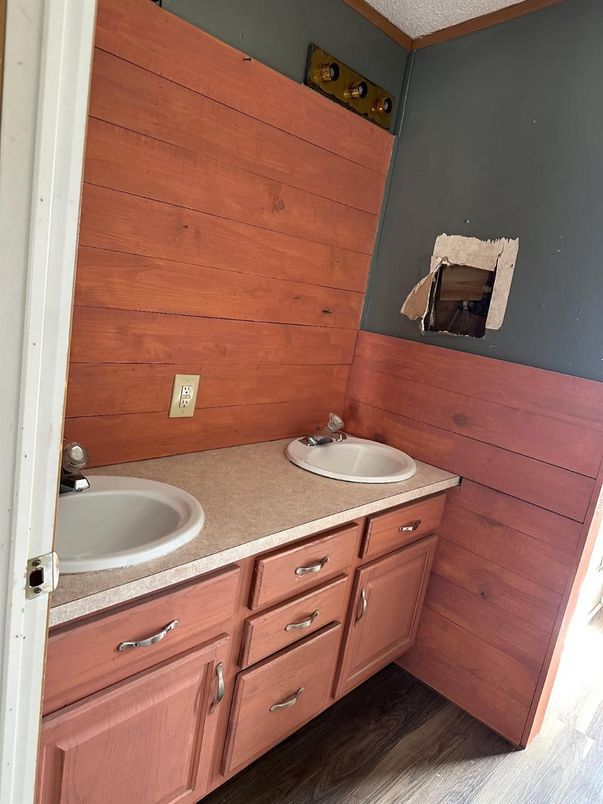 Bathroom, Dual Sink Vanities, Interior, Wood Texture Flooring, Wooden Walls