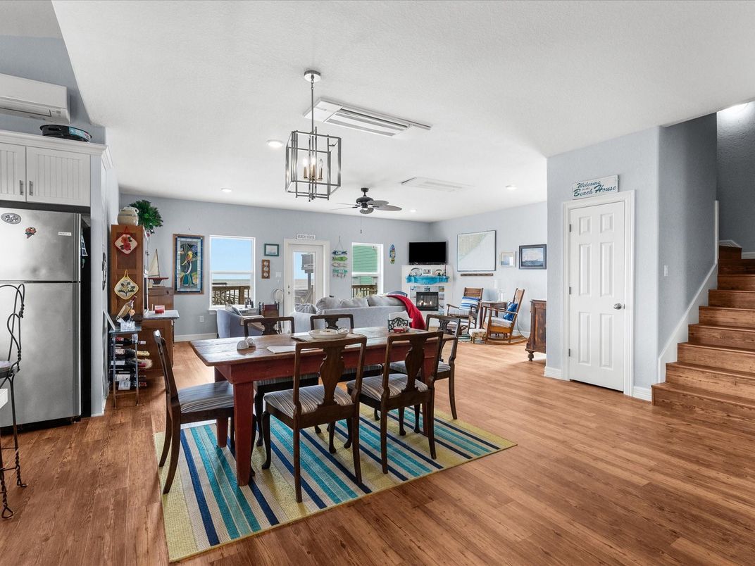 Dining room, Interior, Pendant Lights, Recessed Lighting, Wood Texture Flooring