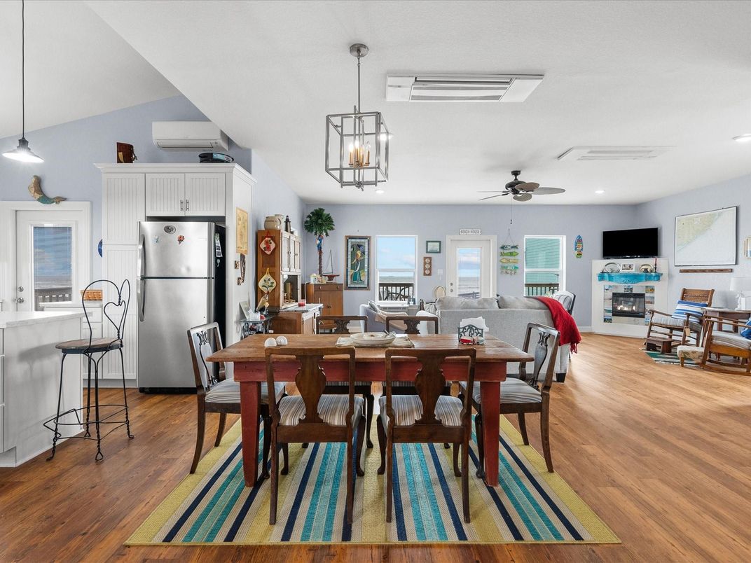 Dining room, Fireplace, Interior, Kitchen, Living room, Pendant Lights, Recessed Lighting, Wood Texture Flooring