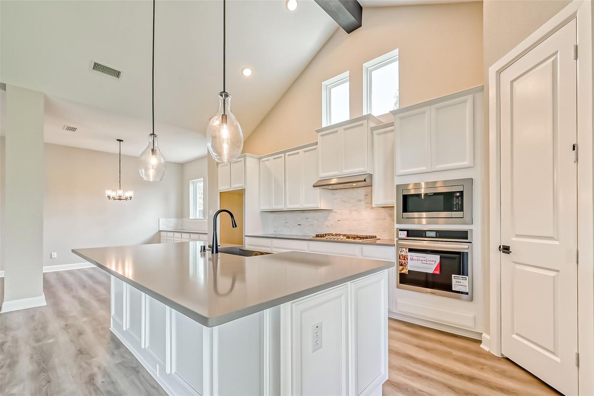 Interior, Kitchen, Pendant Lights, Recessed Lighting, Stainless Steel Appliances, Wooden Beams, Wood Texture Flooring
