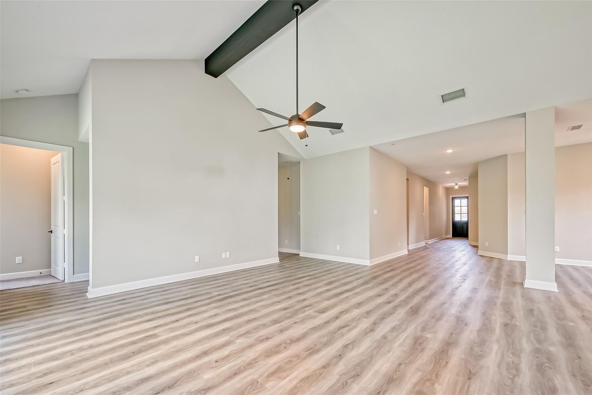 Empty room, Interior, Recessed Lighting, Wooden Beams, Wood Texture Flooring