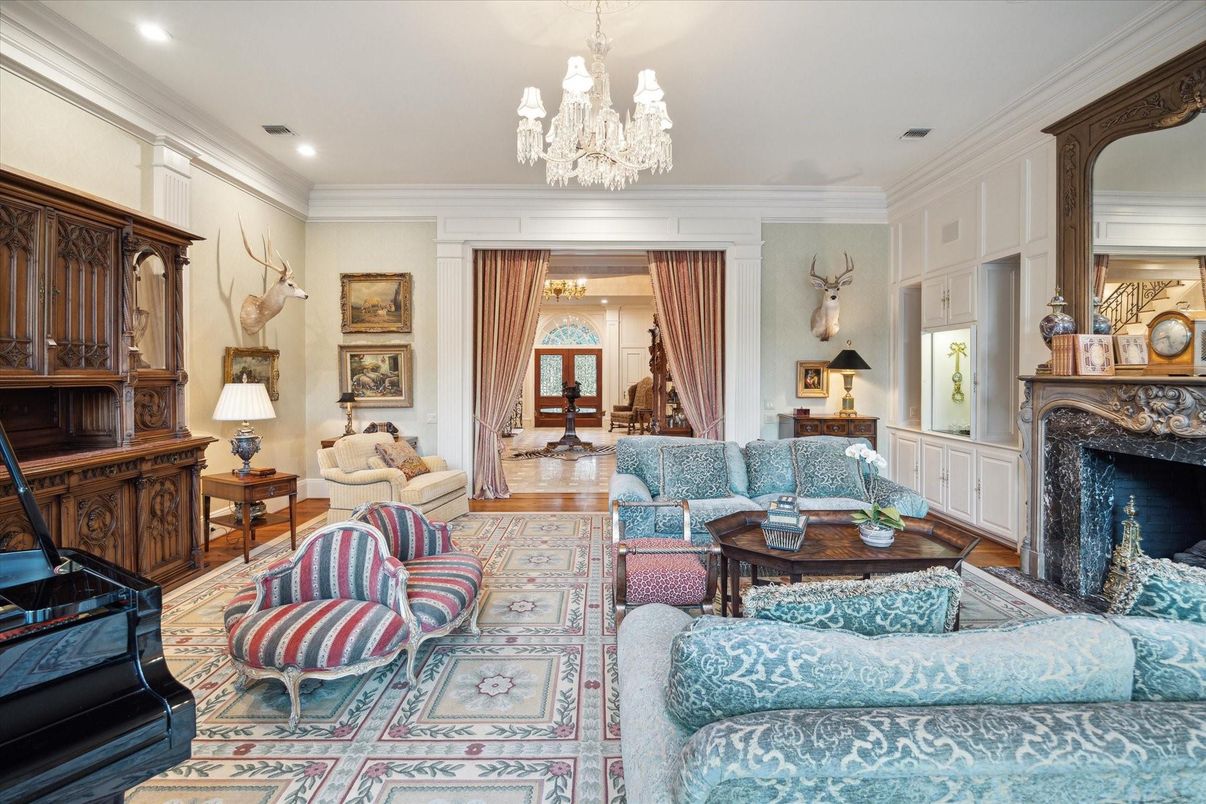 Chandelier, Fireplace, Interior, Living room, Recessed Lighting, Wood Texture Flooring