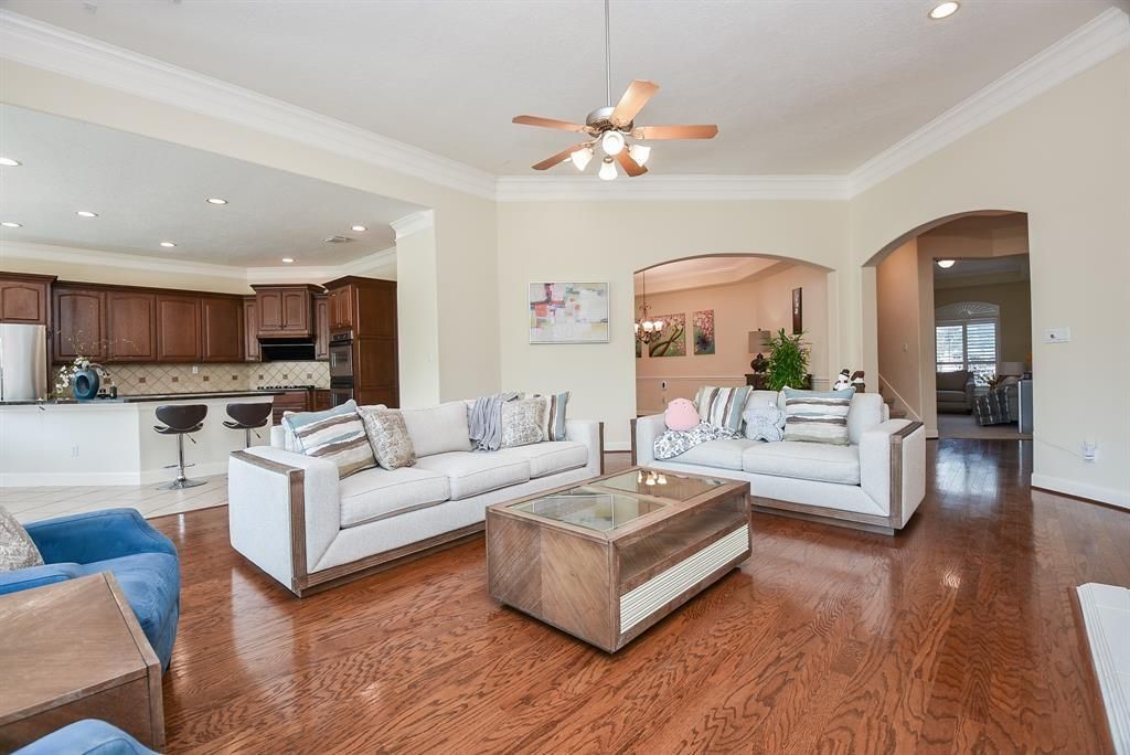 Interior, Kitchen, Living room, Recessed Lighting, Stainless Steel Appliances, Wood Texture Flooring