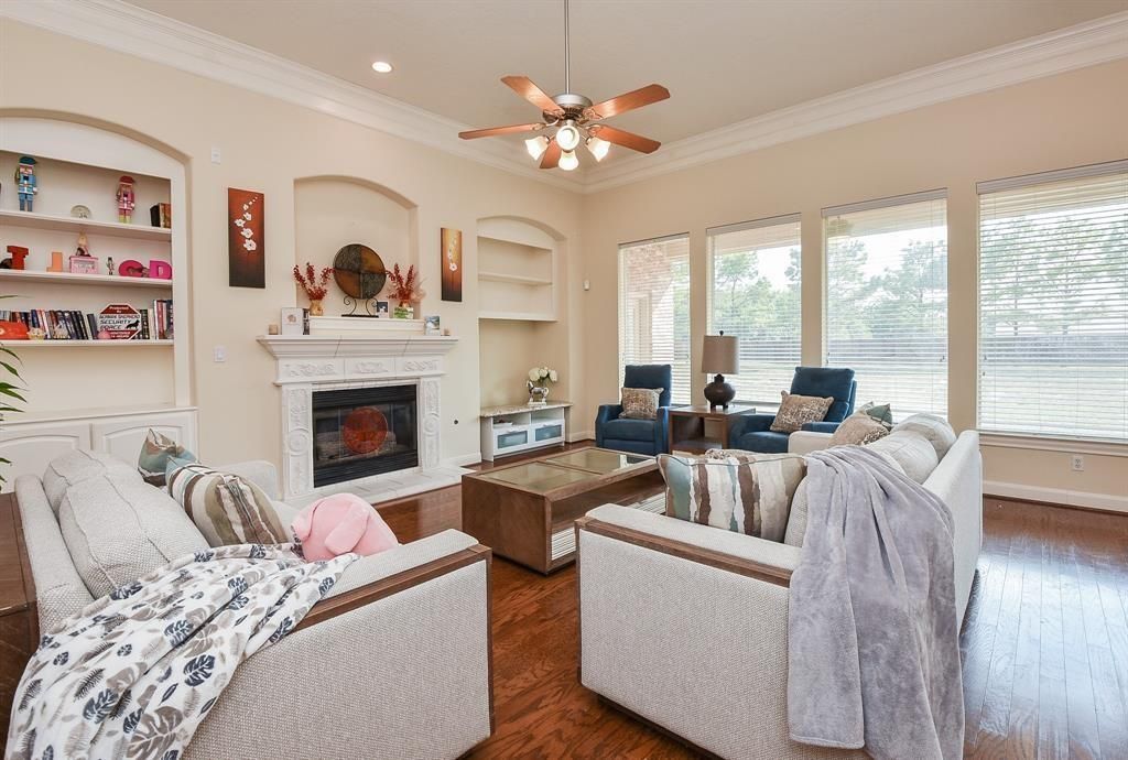 Fireplace, Interior, Living room, Recessed Lighting, Wood Texture Flooring