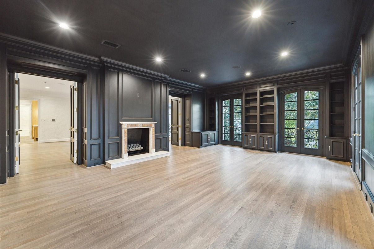 Empty room, Fireplace, Interior, Recessed Lighting, Wood Texture Flooring