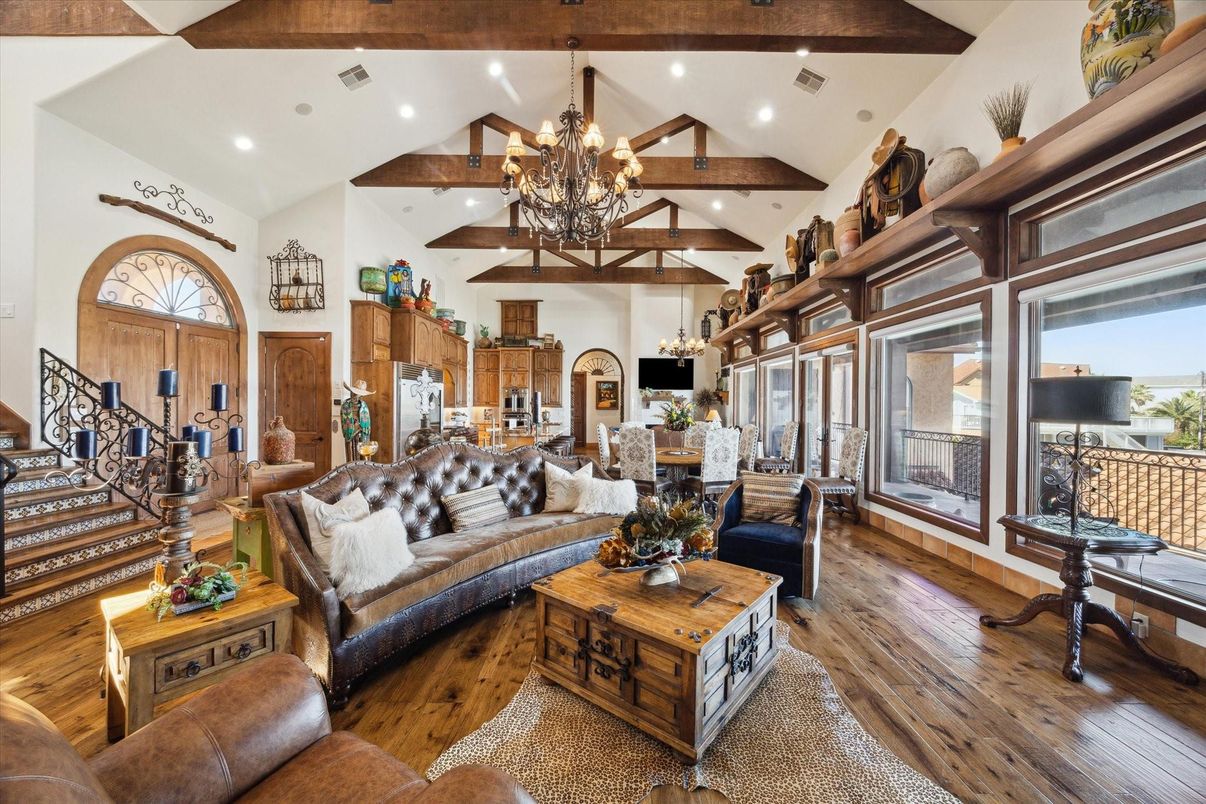 Chandelier, Dining room, Interior, Kitchen, Living room, Recessed Lighting, Wooden Beams, Wood Texture Flooring