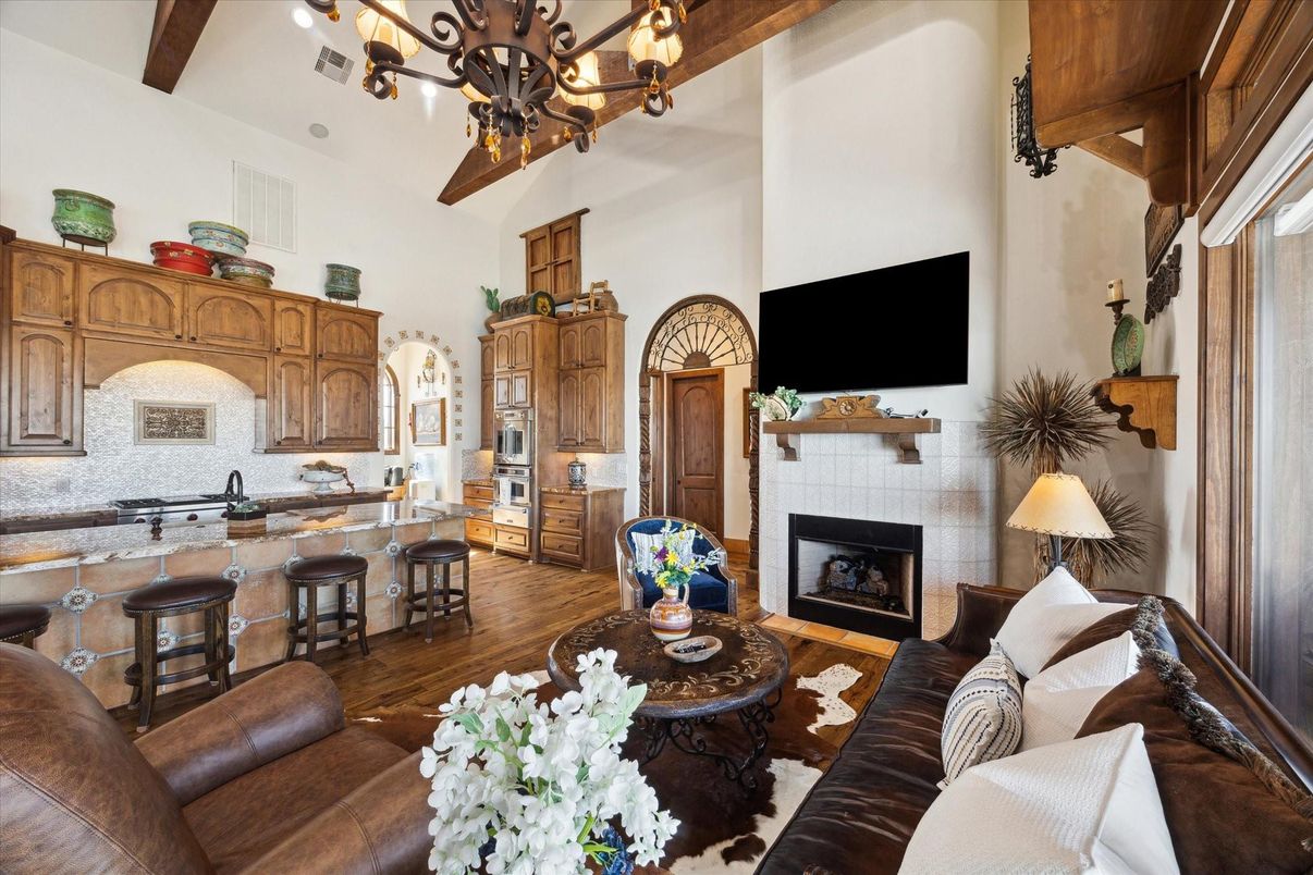 Chandelier, Fireplace, Interior, Kitchen, Living room, Wooden Beams, Wood Texture Flooring