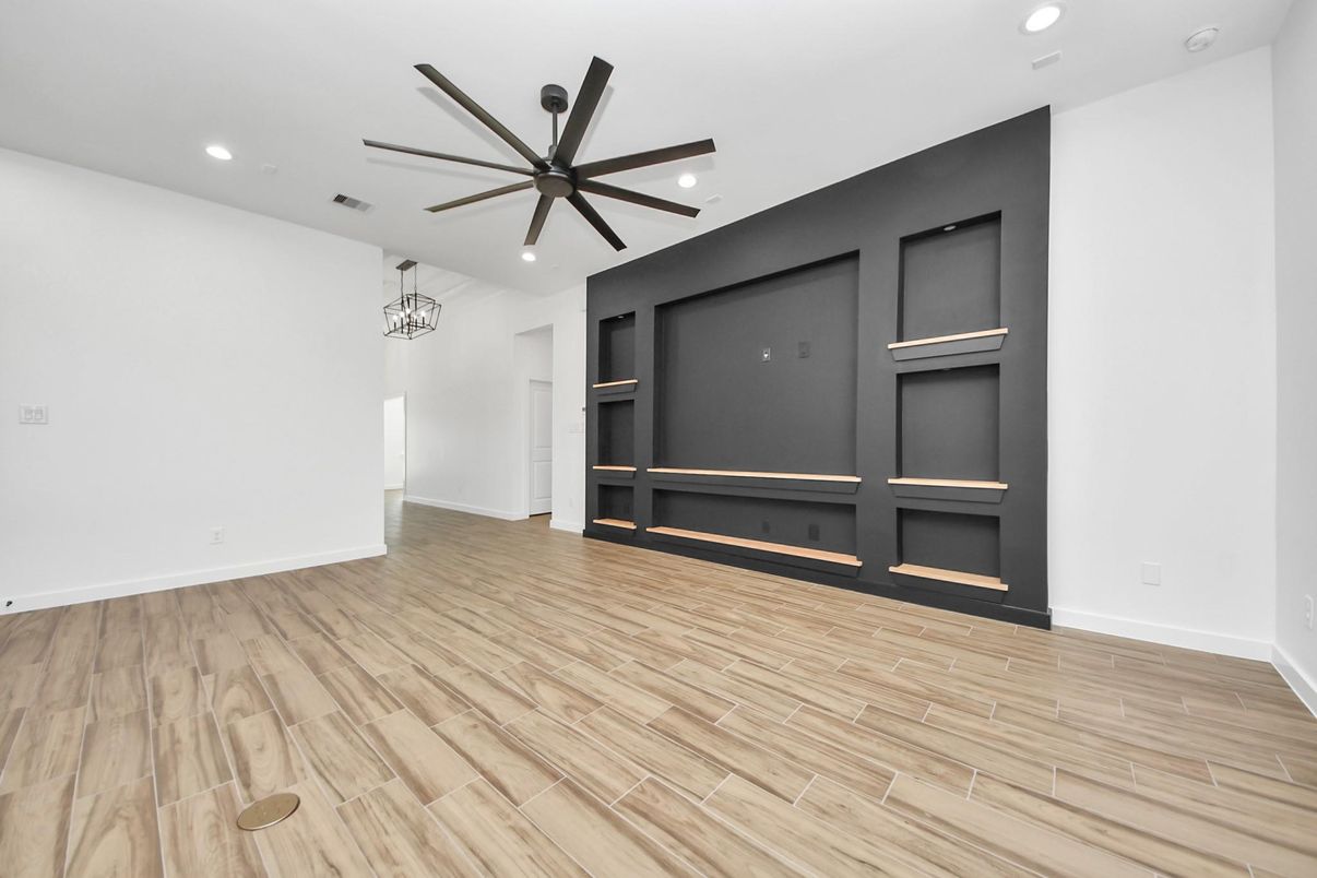 Empty room, Interior, Pendant Lights, Recessed Lighting, Wood Texture Flooring