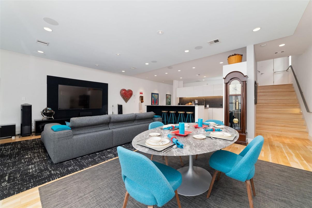 Dining room, Interior, Kitchen, Living room, Recessed Lighting, Wood Texture Flooring