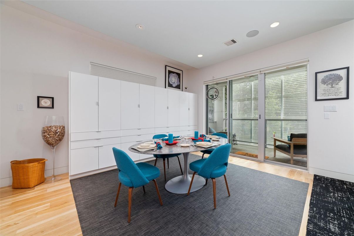Dining room, Interior, Recessed Lighting, Wood Texture Flooring