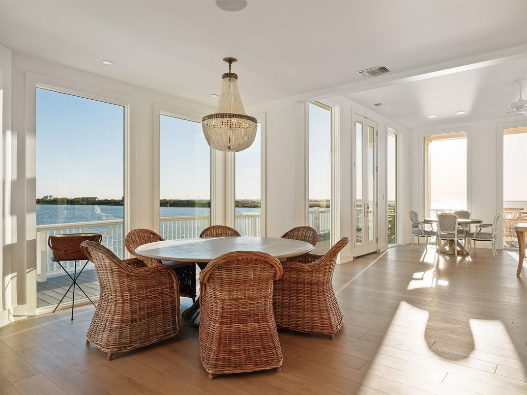 Chandelier, Dining room, Interior, Recessed Lighting, Water, Wood Texture Flooring