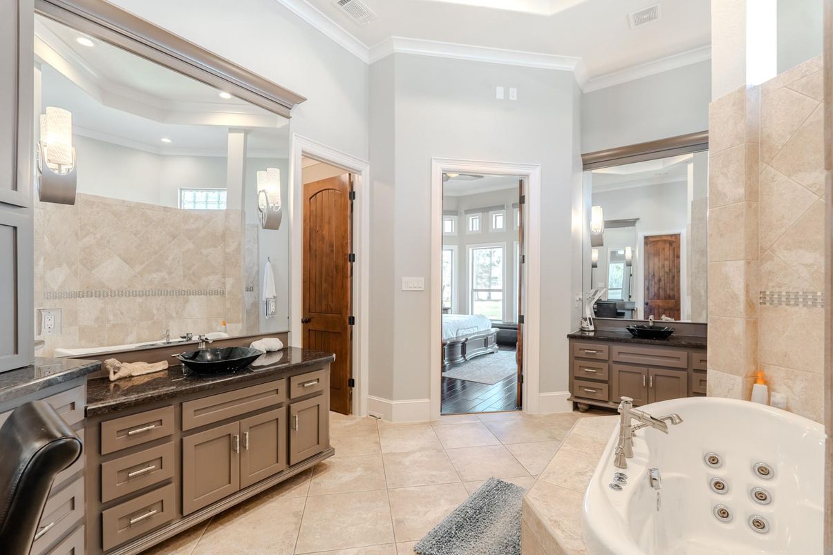 Bathroom, Dual Sink Vanities, Interior, Recessed Lighting, Wood Texture Flooring