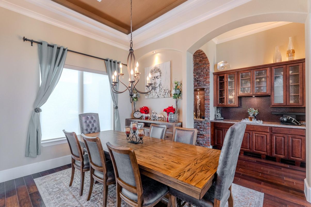 Chandelier, Dining room, Interior, Pendant Lights, Wood Texture Flooring