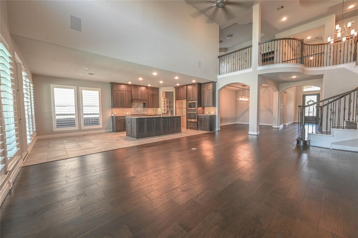 Chandelier, Interior, Kitchen, Pendant Lights, Recessed Lighting, Wood Texture Flooring