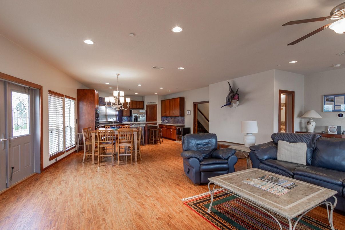 Chandelier, Dining room, Interior, Kitchen, Living room, Recessed Lighting, Wood Texture Flooring