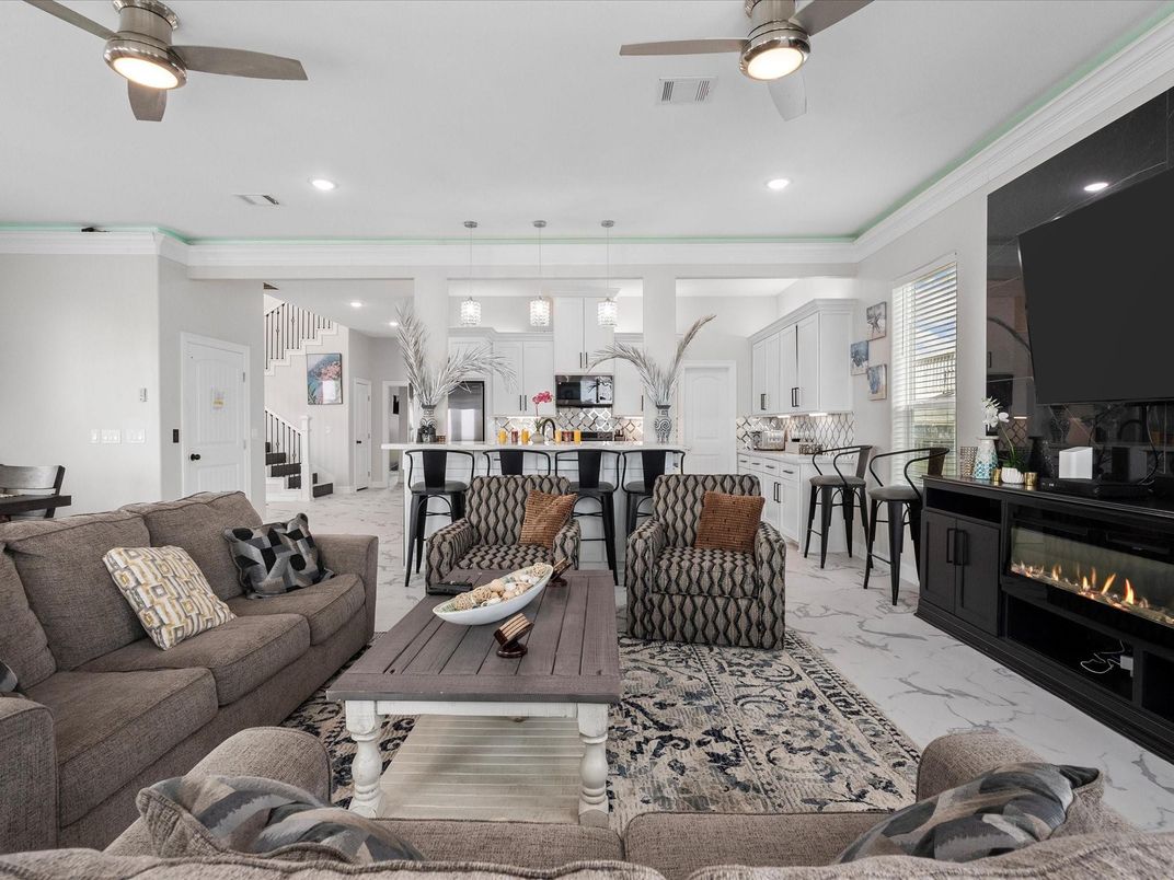 Fireplace, Interior, Kitchen, Living room, Marble, Pendant Lights, Recessed Lighting