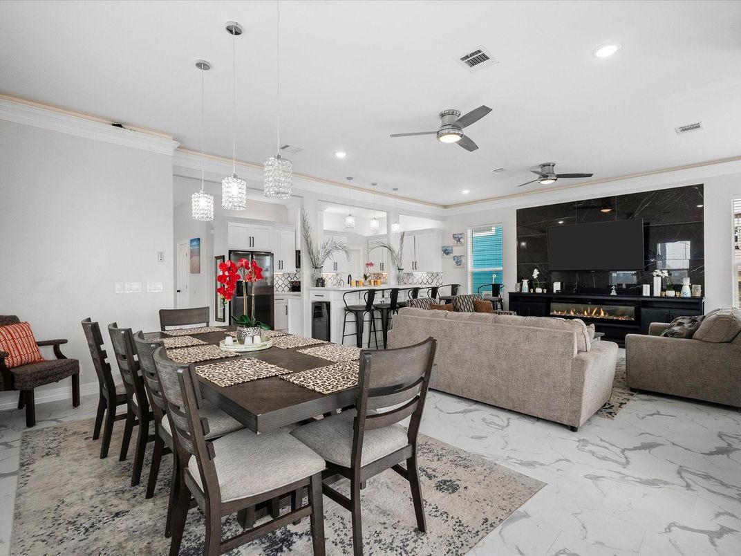 Dining room, Interior, Kitchen, Living room, Marble, Pendant Lights, Recessed Lighting