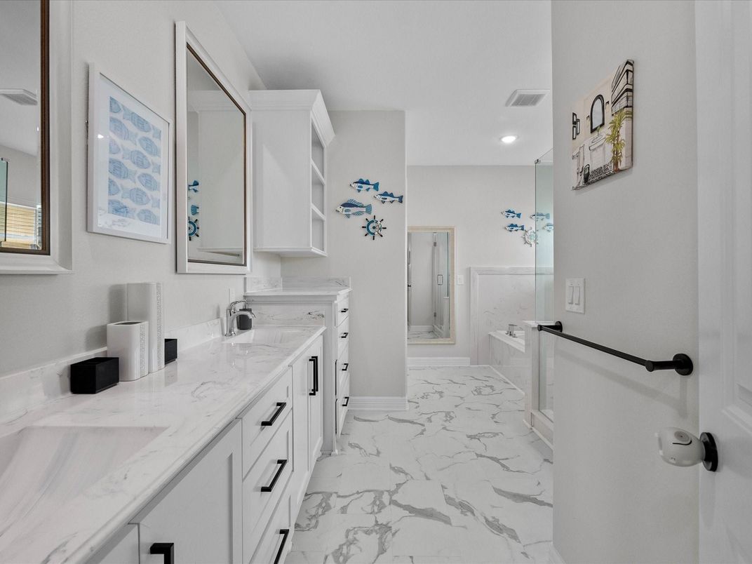 Bathroom, Dual Sink Vanities, Interior, Marble, Recessed Lighting
