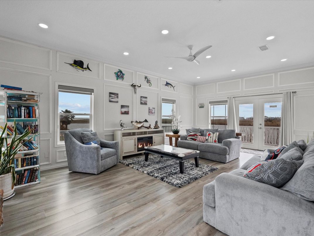 Fireplace, Interior, Living room, Recessed Lighting, Wood Texture Flooring